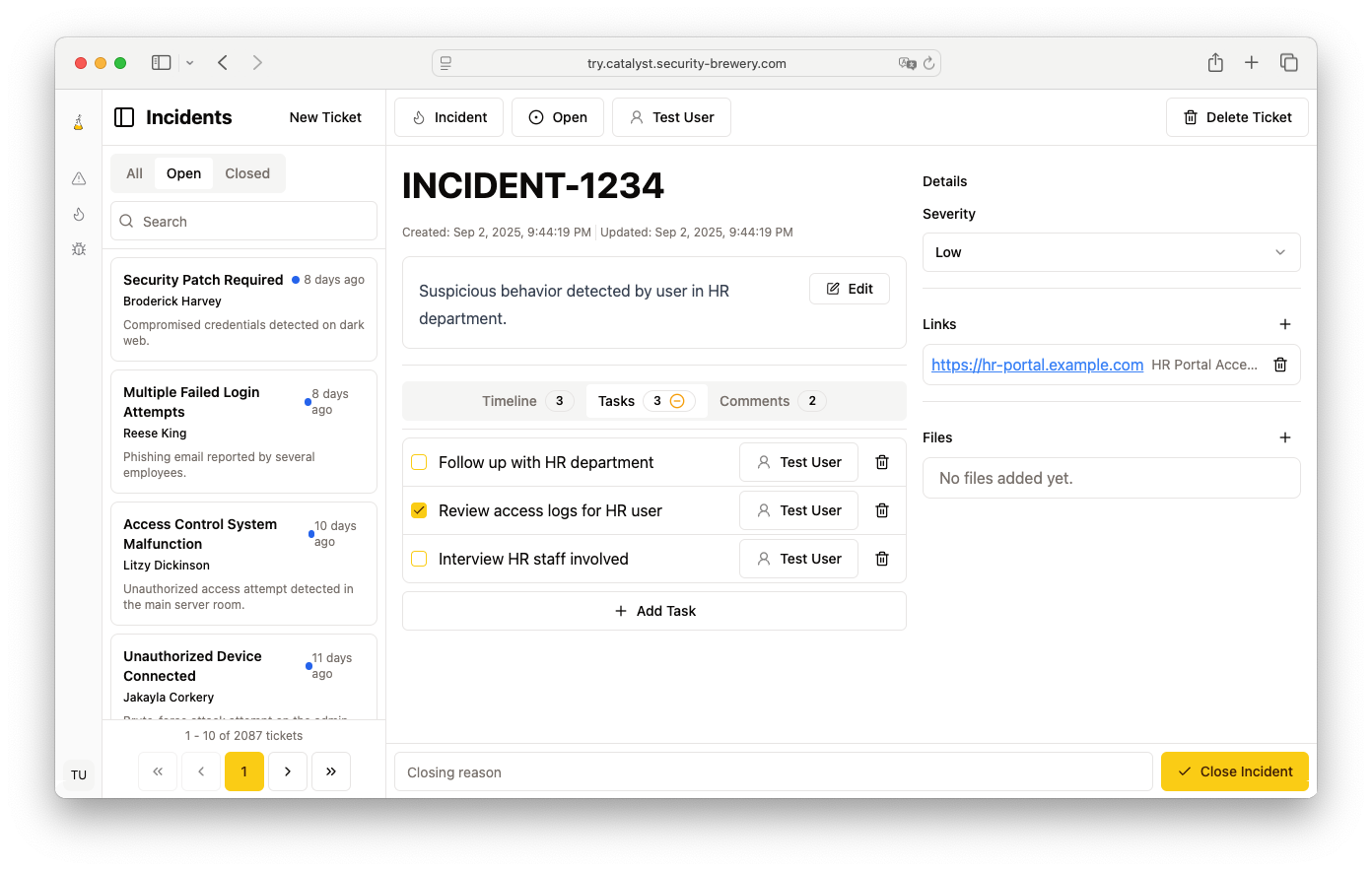 Screenshot of the tasks part of a ticket