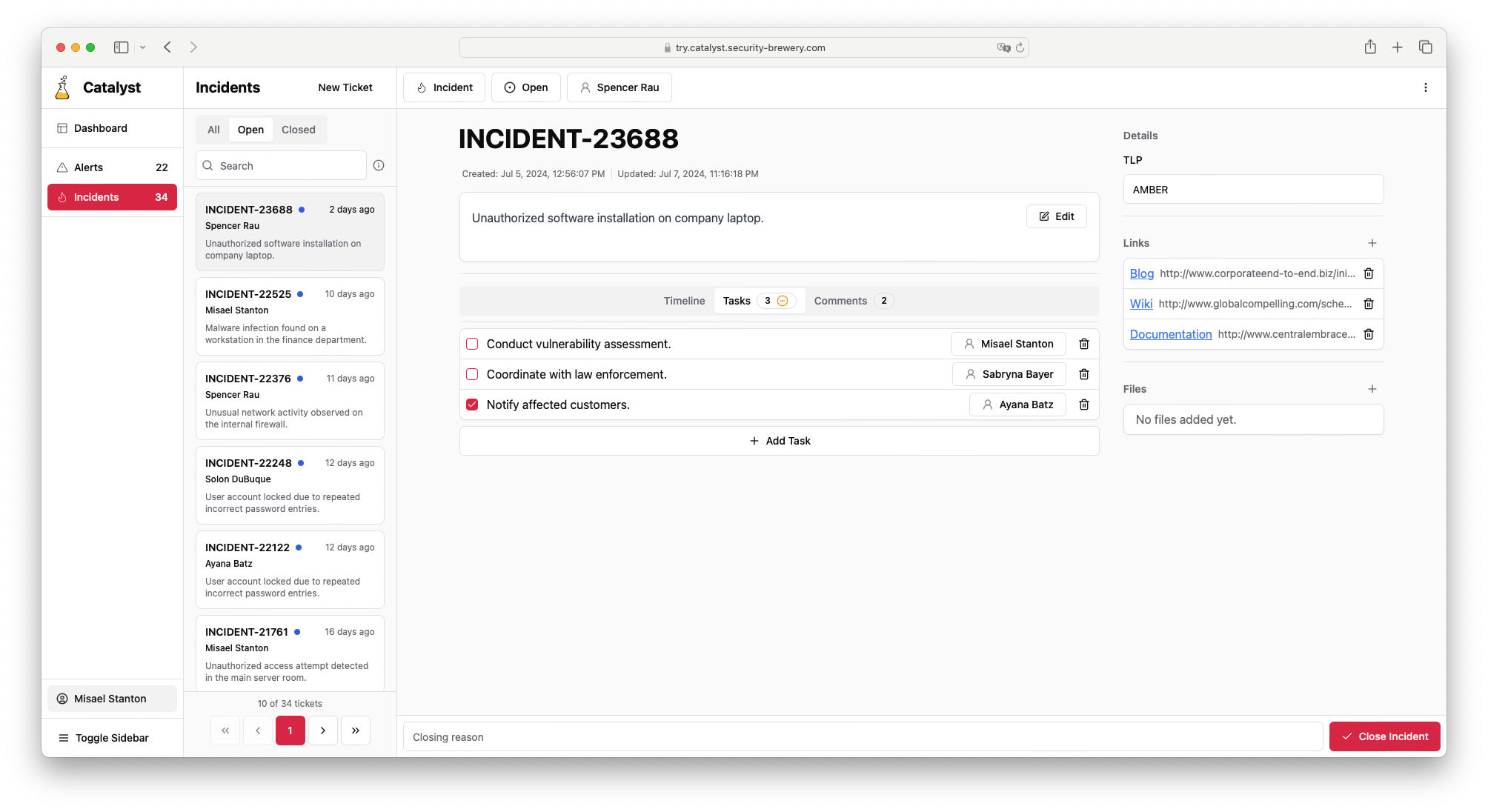 Screenshot of the tasks part of a ticket