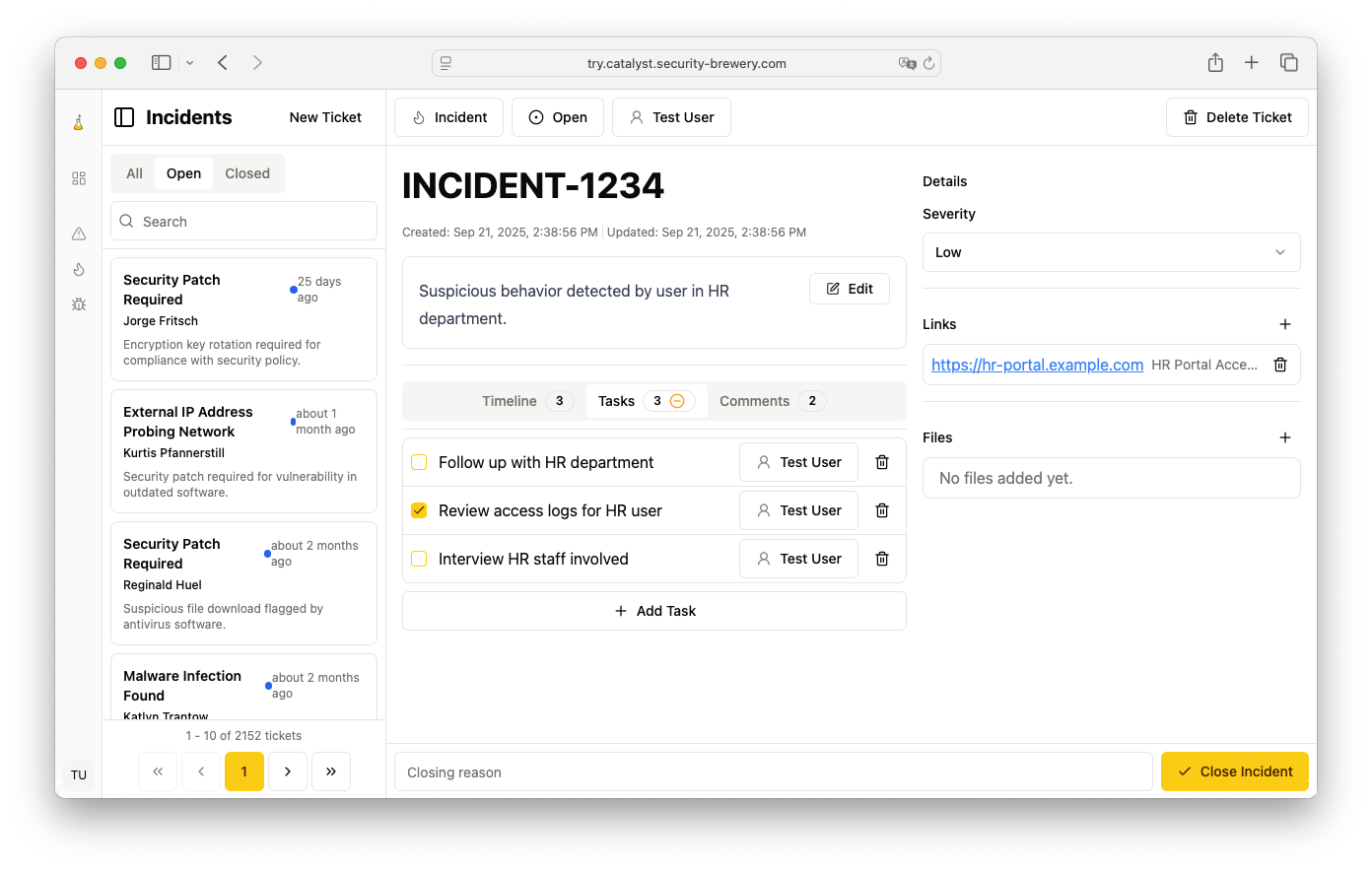 Screenshot of the tasks part of a ticket